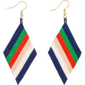 image:imageINKALLOY Beaded Earrings for Women Dangling Frida Diamond Shaped Drop Statement Boho Earrings Hypoallergenic Handmade Jewelry for the Modern BohemianNavy Red  Green Stripes