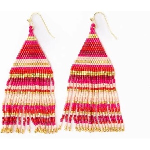 image:imageINKALLOY Beaded Earrings for Women Dangling Lexie Fringe Colorful Stripes Seed Bead Tassel Boho Earrings Handmade Jewelry for the Modern BohemianHot Pink