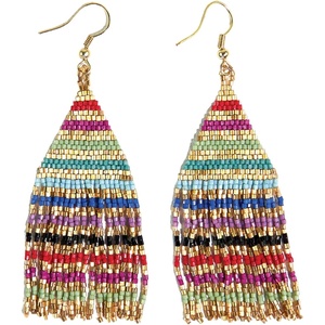 image:imageINKALLOY Beaded Earrings for Women Dangling Lexie Fringe Colorful Stripes Seed Bead Tassel Boho Earrings Handmade Jewelry for the Modern BohemianRainbow Gold