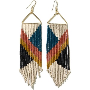 image:imageINKALLOY Beaded Earrings for Women Dangling Emilie Seed Bead Long Fringe Statement Boho Earrings Hypoallergenic Handmade Jewelry for the Modern Bohemian 45InchRust and Blue