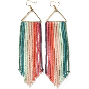image:imageINKALLOY Beaded Earrings for Women Dangling Emilie Seed Bead Long Fringe Statement Boho Earrings Hypoallergenic Handmade Jewelry for the Modern Bohemian 45InchPink Port Mint Teal Stripe