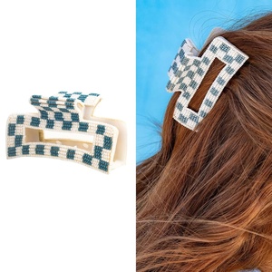 image:imageINKALLOY Beaded Hair Claw Clips Game Day Claw Clips in Team Colors Handmade Hair Clips for College Students Sports Fans Teachers Alumni Football Moms 35Inches Light Blue CheckeredLight Blue  White Checkered